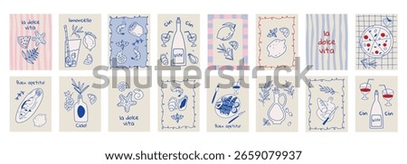 Set of hand drawn vintage posters in dolce vita style. Vector illustration of italian style hand drawn posters. Illustration for invitations, menus design. Breakfast, lunch, dinner concept.	