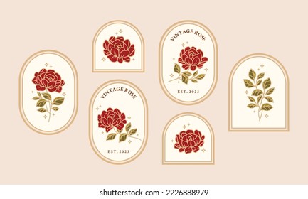 Set of hand drawn vintage retro botanical feminine rose flower, leaf branches, and frame line art logo elements