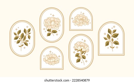 Set of hand drawn vintage retro botanical feminine peony flower, leaf branches, and frame line art logo elements