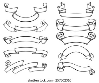 Set of hand drawn Vintage Ribbon Banners. Vector Design Elements isolated on white. 