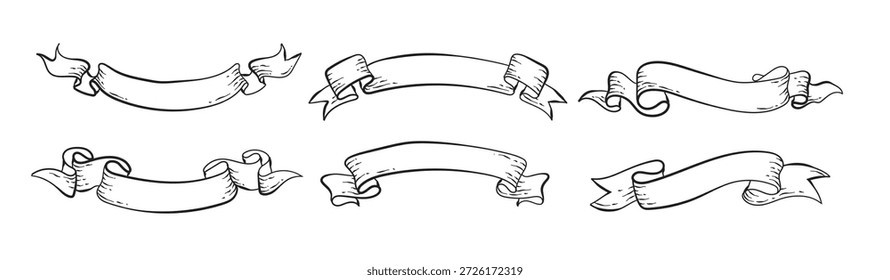 Set of hand drawn vintage scrolls ribbons banners, Whimsical drawing ribbons vintage banners, retro label and logo elements for design, vector illustration