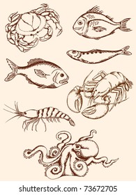 set of hand drawn vintage seafood icons