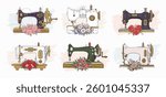Set of hand drawn vintage sewing machine and flowers. Vector illustration