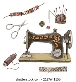 Set of hand drawn vintage sewing tools.