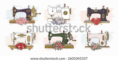 Set of hand drawn vintage sewing machine and flowers. Vector illustration