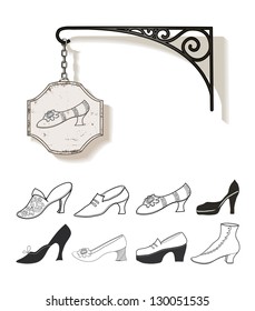 Set of hand drawn vintage shoes and signboard.
