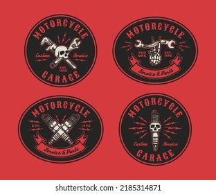Set of Hand Drawn Vintage style Motorcycle and garage logo badge