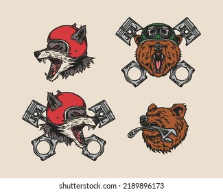 Set Hand Drawn Vintage style of mascot Motorcycle and garage logo badge