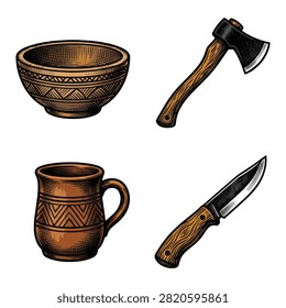 Set of Hand Drawn Vintage Style Camping Tools and Kitchen Utensils