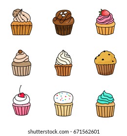 Set of hand drawn vintage style cupcakes and muffins. Cupcakes flavors doodle illustration. Pastry.