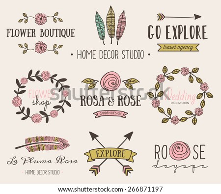 A set of hand drawn vintage style design elements. Modern and elegant premade typographic logo designs for florists, travel agencies, wedding and home decor.