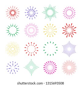 Set of hand drawn vintage sunburst bursting rays design elements, isolated on white background, vector illustration.