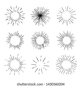 Set of hand drawn vintage sunbursts on a white background. Vector. 