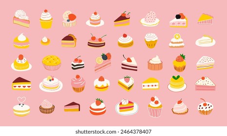 Set of hand drawn vintage sweet dessert food. Cake illustration collection with pastry goods, bakery product clip art bundle. Cupcake element drawing, flat cartoon.