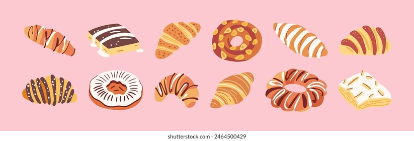 Set of hand drawn vintage sweet dessert food. Bakery pastry illustration collection with traditional french product clip art bundle.