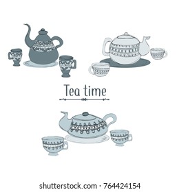 set of hand drawn vintage teapots