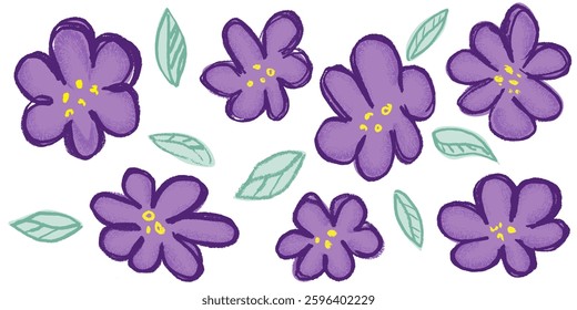 Set of hand drawn violet flowers and leaves with ink brush texture. Modern floral elements in grunge style. Vector illustration