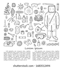 Set with hand drawn virolory icons and other elemets. Science collection. Vector illustration