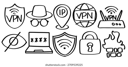 Set of hand drawn VPN theme Isolated Vector