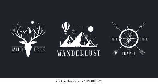 Set of hand drawn wanderlust badges with mountains, deer, stars and compass. Vector isolated explore and adventure prints and labels.