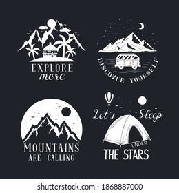 Set of hand drawn wanderlust badges with mountains, palm trees, tent. Vector isolated discovery, explore and adventure prints and labels.
