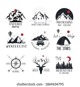 Set of hand drawn wanderlust badges with mountains, forest, compass, deer, hot air balloon, airplane. Vector isolated discovery prints. Geometric frame for explore labels.