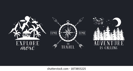 Set of hand drawn wanderlust badges with mountains, palm trees, forest, airplane and compass. Vector isolated discovery, explore and adventure prints and labels.