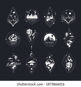 Set of hand drawn wanderlust badges and labels with forest trees, mountains, globe, moon and stars. Vector isolated adventure prints. Geometric frames for posters and tattoo.