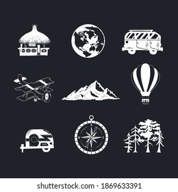 Set of hand drawn wanderlust icons with globe, mountain, forest trees, compass, hut, hot air balloon, airplane, bus. Vector isolated travel, adventure, explore elements.