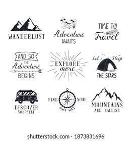 Set of hand drawn wanderlust icons and quotes with mountains, bus, airplane compass, feather, tent. Vector isolated travel, adventure, explore typography.