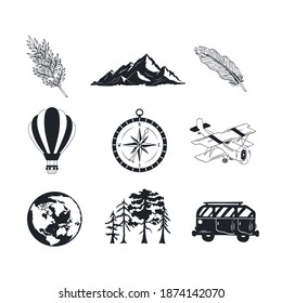 Set of hand drawn wanderlust icons with mountain, forest trees, compass, feather, hot air balloon, airplane, bus. Vector isolated travel, adventure, explore elements.