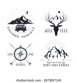 Set of hand drawn wanderlust labels with mountains, deer and compass. Vector isolated explore, adventure and discovery prints and badges.