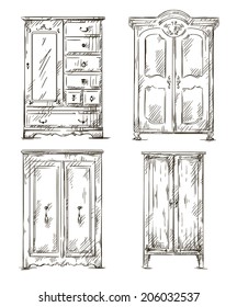 set of hand drawn wardrobes. Interior elements. Vector illustration. 