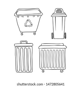 Conjunto de recipientes de residuos extraídos a mano. Cuatro cubos de basura en forma de doodle están aislados en fondo blanco. Ilustración vectorial.