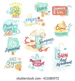 Set of hand drawn watercolor badges and stickers of fresh fruit juice and drinks. Vector illustrations for menu, food and drink, restaurant and cocktail bar, summer refreshment, fruit, summer holiday.