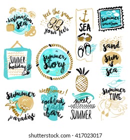 Set of hand drawn watercolor badges and stickers of summer. Vector illustrations for summer holiday, travel and vacation, restaurant and bar, menu, sea and sun, beach vacation and party.