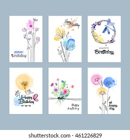 Set of hand drawn watercolor birthday greeting cards. Vector illustration concepts for website banners and print material.