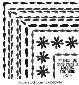 Set of hand drawn watercolor borders and frames. 7 different samples for your design. Vector illustration.