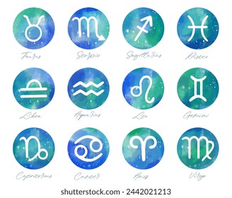 Set of hand drawn watercolor brush zodiac signs. Collection of watercolor astrology signs. 