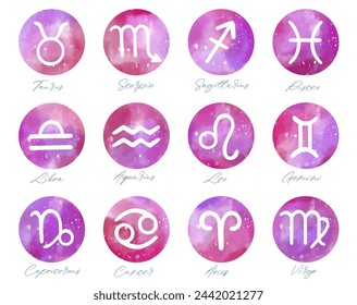 Set of hand drawn watercolor brush zodiac signs. Collection of watercolor astrology signs. 