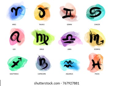 Set of hand drawn watercolor brush zodiac signs. Vector illustration created with custom brushes, not auto-tracing