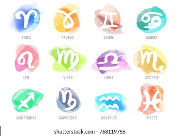 Set of hand drawn watercolor brush zodiac signs. Vector illustration created with custom brushes, not auto-tracing