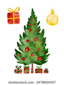 Set of hand drawn watercolor Christmas tree with red gift box and ball.