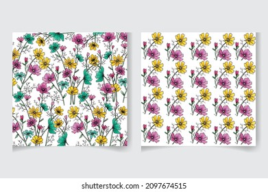 Set of hand drawn watercolor floral seamless textile pattern with greenery botanical leaves, flowers, and branches, Abstract art background, editable vector fabric background illustration template.