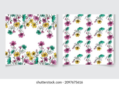 Set of hand drawn watercolor floral seamless textile pattern with greenery botanical leaves, flowers, and branches, Abstract art background, editable vector fabric background illustration template.