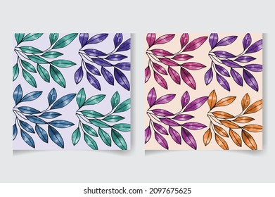 Set of hand drawn watercolor floral seamless textile pattern with greenery botanical leaves, flowers, and branches, Abstract art background, editable vector fabric background illustration template.