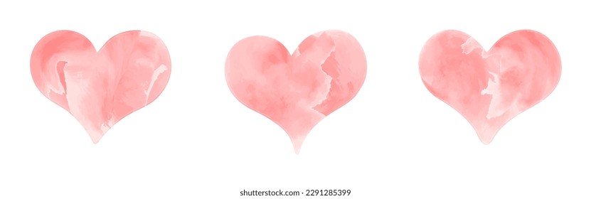 Set of hand drawn watercolor hearts isolated on white background. Soft red or pink romantic vector design element.