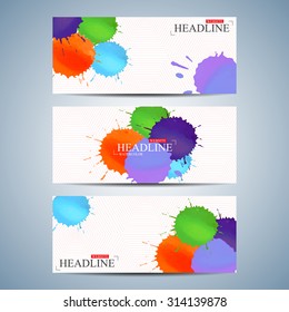 Set of hand drawn watercolor horizontal backgrounds. Modern page website design template . Vector Illustration