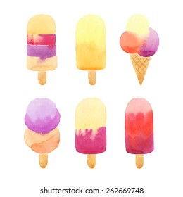 Set of hand drawn watercolor ice cream isolated on white background. Watercolor dessert. Bright background. Vector illustration.