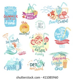 Set of hand drawn watercolor labels and badges of fresh fruit juice and drinks. Vector illustrations for menu, food and drink, restaurant and cocktail bar, summer refreshment, fruit, summer holiday.